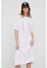 Armani Exchange sukienka kolor biały midi prosta. Okazja: na co dzień. Kolor: biały. Długość rękawa: krótki rękaw. Wzór: nadruk. Typ sukienki: proste. Styl: casual. Długość: midi