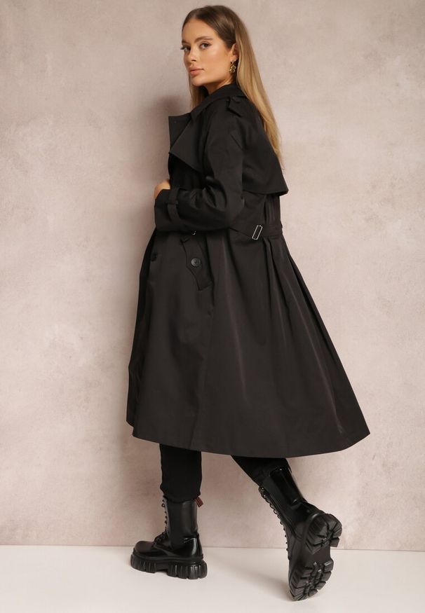 Renee - Czarny Płaszcz Trencz Dwurzędowy Długi Usdusa. Kolor: czarny. Długość: długie. Wzór: gładki. Sezon: wiosna, jesień