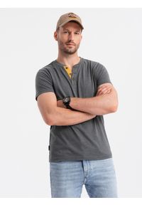 Ombre Clothing - T-shirt męski z okrągłym rozpinanym dekoltem henley – grafitowy V6. Okazja: na co dzień. Typ kołnierza: typu henley. Kolor: szary. Materiał: poliester, bawełna. Styl: casual