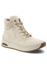 Botki damskie Rieker, antistress na grubej podeszwie ocieplane na suwak i za kostkę, beżowe, 44555-60. Okazja: na co dzień. Wysokość cholewki: za kostkę. Zapięcie: sznurówki. Kolor: beżowy. Materiał: dzianina, jeans. Szerokość cholewki: normalna. Styl: casual, sportowy #1