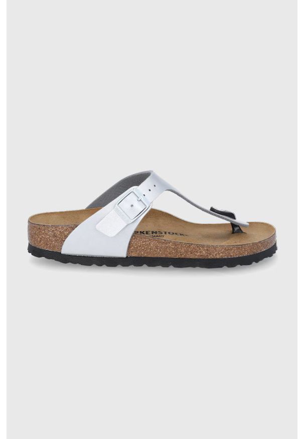Birkenstock Gizeh BF Japonki damskie. Okazja: na co dzień. Kolor: srebrny. Materiał: skóra, materiał. Sezon: lato. Styl: casual, elegancki, klasyczny