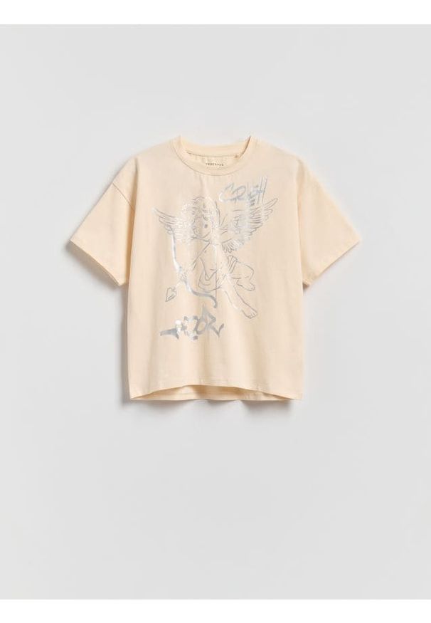 Reserved - T-shirt z metalicznym nadrukiem - kremowy. Kolor: kremowy. Materiał: bawełna. Wzór: nadruk