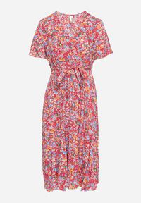 Born2be - Czerwona Rozkloszowana Sukienka w Kwiaty z Kopertowym Dekoltem Plisowana Lanasira. Kolor: czerwony. Wzór: kwiaty. Typ sukienki: kopertowe #7