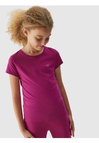 4F JUNIOR - T-shirt gładki dziewczęcy. Kolor: różowy. Materiał: bawełna. Wzór: gładki #1