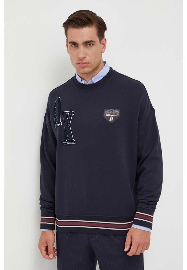 Armani Exchange bluza męska kolor granatowy z aplikacją. Kolor: niebieski. Materiał: bawełna. Wzór: aplikacja. Styl: klasyczny