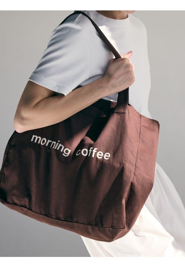 Reserved - Tkaninowa torebka shopper - ciemnobrązowy. Kolor: brązowy