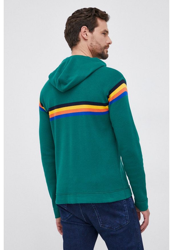 United Colors of Benetton - Sweter. Okazja: na co dzień. Typ kołnierza: kaptur. Kolor: zielony. Materiał: dzianina. Długość rękawa: długi rękaw. Długość: długie. Wzór: aplikacja. Styl: casual