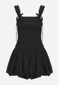 Born2be - Czarna Bawełniana Sukienka Bombka na Ramiączkach z Elastyczną Górą Linarisena. Okazja: na co dzień, na imprezę. Typ kołnierza: kokarda. Kolor: czarny. Materiał: bawełna. Długość rękawa: na ramiączkach. Typ sukienki: bombki. Styl: casual, elegancki #7