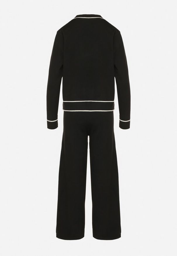 Born2be - Czarny Dzianinowy Komplet Szerokie Spodnie i Kardigan z Lamówkami Gioresa. Kolor: czarny. Materiał: dzianina. Wzór: gładki. Sport: turystyka piesza