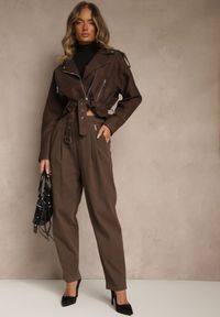 Renee - Brązowe Spodnie High Waist z Bawełny o Szerokim Kroju Nalitia. Okazja: na co dzień. Stan: podwyższony. Kolor: brązowy. Materiał: bawełna. Styl: casual