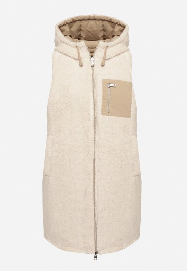 Born2be - Ciemnobeżowa Pikowana Kamizelka Dwustronna z Futerkiem Typu Baranek i Kapturem Lertiala. Okazja: na co dzień. Kolor: beżowy. Materiał: futro. Wzór: aplikacja. Styl: klasyczny, casual, elegancki