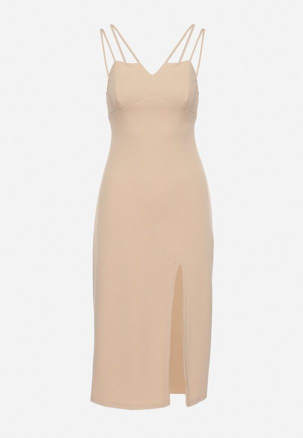 Born2be - Beżowa Sukienka na Ramiączkach z Rozcięciem Sophiya. Kolor: beżowy. Materiał: tkanina. Długość rękawa: na ramiączkach. Wzór: gładki, aplikacja. Długość: midi