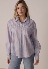 Born2be - Niebieska Bawełniana Koszula o Kroju Oversize Ozdobiona Pionowymi Paskami Ulialia. Okazja: na co dzień. Kolor: niebieski. Materiał: bawełna. Wzór: aplikacja. Styl: casual, klasyczny #4