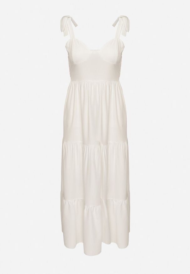 Born2be - Biała Rozkloszowana Sukienka z Wiskozą Ozdobiona Wiązaniem na Ramiączkach Meravessa. Okazja: na spacer. Kolor: biały. Materiał: wiskoza. Długość rękawa: na ramiączkach. Wzór: aplikacja