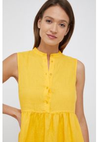 Sisley sukienka lniana kolor żółty mini rozkloszowana. Kolor: żółty. Materiał: len. Typ sukienki: rozkloszowane. Długość: mini