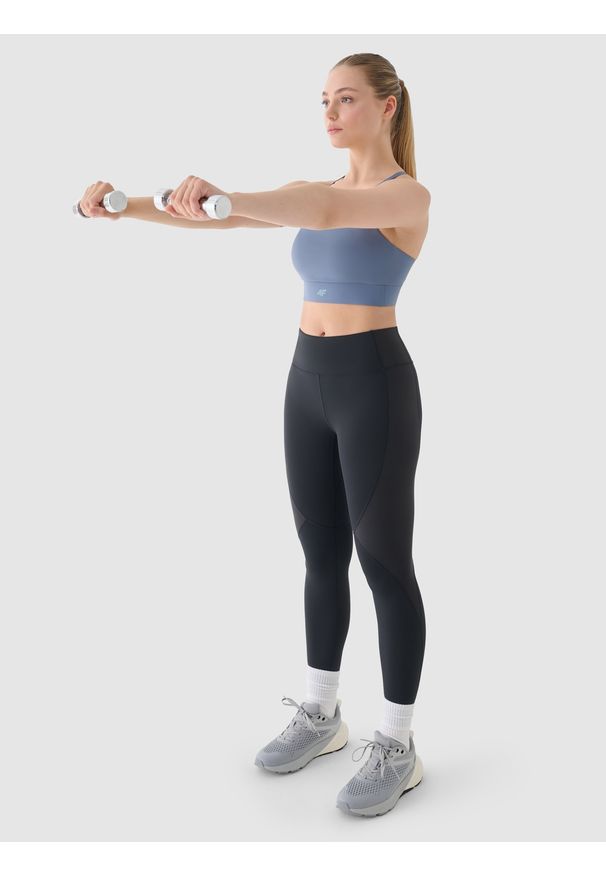 4f - 4F Legginsy treningowe z wysokim stanem damskie - szare XS. Stan: podwyższony. Kolor: szary. Materiał: elastan, włókno, dzianina, materiał, syntetyk. Wzór: ze splotem, gładki, jednolity. Sport: fitness