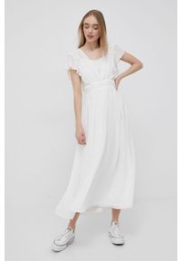 Vila sukienka kolor biały maxi rozkloszowana. Kolor: biały. Materiał: poliester, koronka. Typ sukienki: rozkloszowane. Długość: maxi