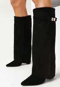 Born2be - Czarne Kozaki na Słupku z Wywiniętą Cholewką Gafsena. Okazja: na co dzień. Kolor: czarny. Materiał: jeans. Szerokość cholewki: normalna. Sezon: wiosna, zima, jesień. Obcas: na słupku. Styl: casual. Wysokość obcasa: średni