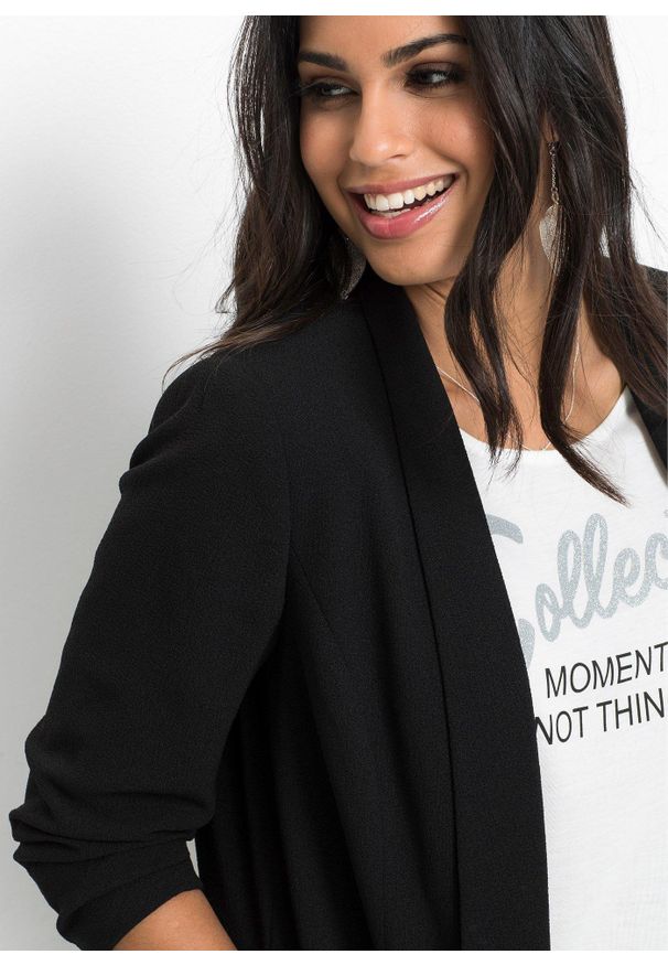 bonprix - Długi żakiet z drapowanymi rękawami. Kolor: czarny. Długość: długie. Styl: elegancki