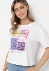 Born2be - Biały Bawełniany T-shirt z Ozdobnym Nadrukiem na Przodzie Sadla. Kolor: biały. Materiał: bawełna. Wzór: nadruk