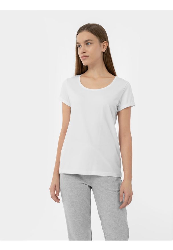 4f - 4F T-shirt regular gładki damski M. Kolor: biały. Materiał: bawełna, elastan. Wzór: gładki