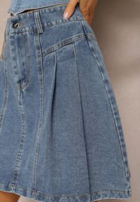 Renee - Niebieska Bawełniana Spódnica Jeansowa High Waist o Rozkloszowanym Fasonie Risat. Stan: podwyższony. Kolor: niebieski. Materiał: bawełna, jeans