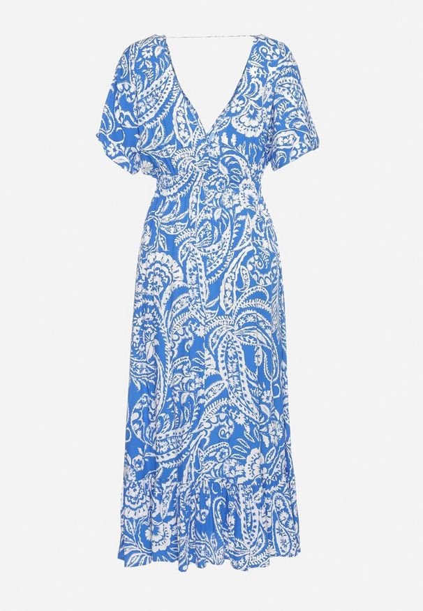 Born2be - Niebieska Sukienka W stylu Boho z Gumką w Pasie i Chwostami Wornima. Kolor: niebieski. Styl: boho