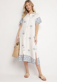 Born2be - Biała Pudełkowa Sukienka z Wiskozą o Koszulowym Kroju Zdobiona Haftem Sanori. Okazja: na co dzień. Kolor: biały. Materiał: wiskoza. Długość rękawa: krótki rękaw. Wzór: aplikacja, haft. Typ sukienki: koszulowe. Styl: klasyczny, casual #6