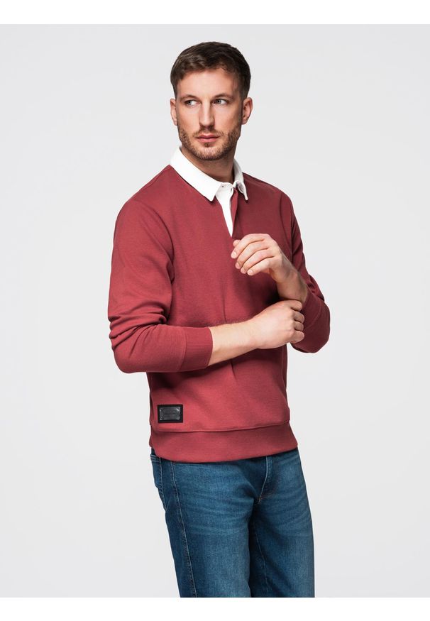 Ombre Clothing - Bluza męska z białym kołnierzykiem polo - bordowa V3 - Rozmiar: L. Typ kołnierza: polo. Kolor: czerwony. Materiał: poliester, bawełna, materiał