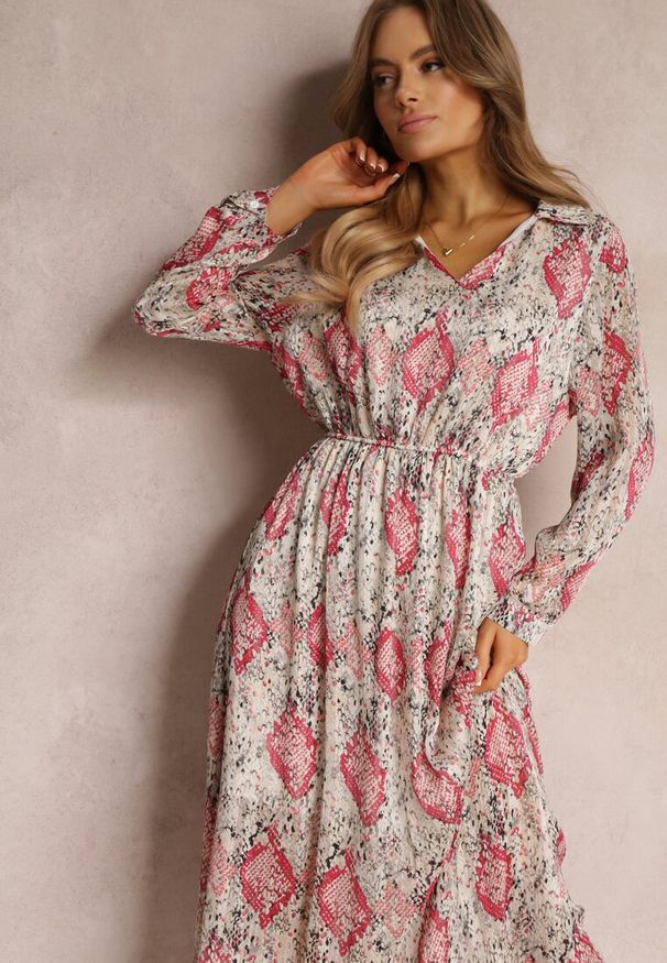 Renee - Beżowo-Bordowa Rozkloszowana Sukienka z Błyszczącą Nitką i Sznurkiem Fornid. Kolor: beżowy. Styl: klasyczny