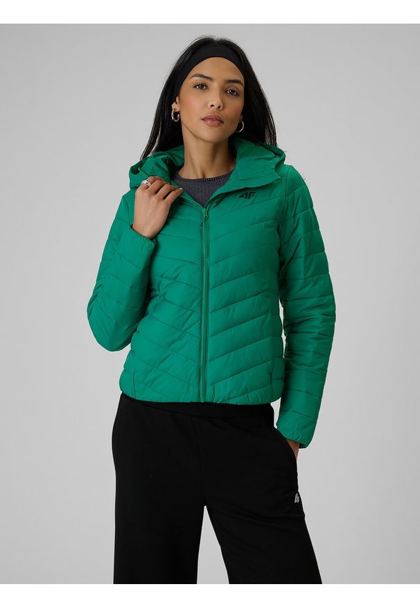 4f - 4F Kurtka z wypełnieniem syntetycznym damska - zielona S. Okazja: na co dzień. Typ kołnierza: kołnierzyk stójkowy. Kolor: zielony. Materiał: syntetyk. Styl: casual, sportowy