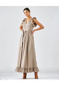 CASTELLANI - Bawełniana sukienka Carmen. Typ kołnierza: typu carmen. Kolor: beżowy. Materiał: bawełna. Długość rękawa: na ramiączkach. Długość: maxi #4