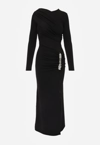 Born2be - Czarna Wieczorowa Sukienka Zdobiona Marszczeniem i Cyrkoniową Aplikacją Thelxienara. Okazja: na wesele, na imprezę, na ślub cywilny. Kolor: czarny. Materiał: materiał. Wzór: aplikacja. Styl: wizytowy #7