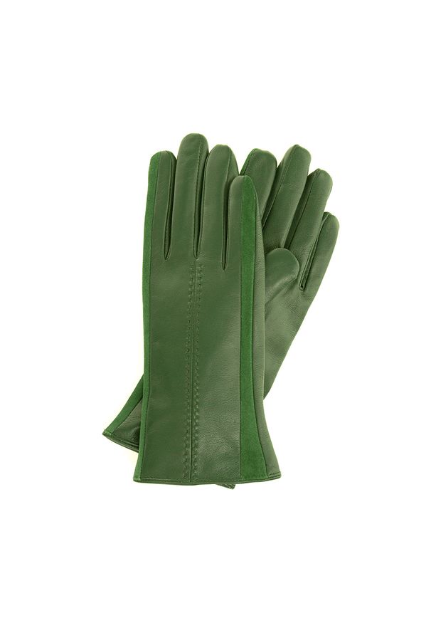 Wittchen - Damskie rękawiczki skórzane z zamszowymi wstawkami. Kolor: zielony. Materiał: skóra. Styl: klasyczny