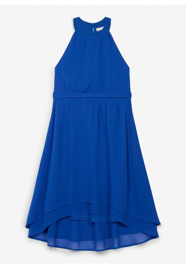 bonprix - Sukienka szyfonowa z dłuższym tyłem. Typ kołnierza: dekolt halter. Kolor: niebieski. Materiał: szyfon. Typ sukienki: asymetryczne. Styl: elegancki