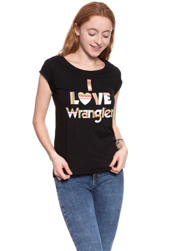 Wrangler - WRANGLER T SHIRT DAMSKI I LOVE TEE BLACK W700LEA01 112130872. Okazja: na co dzień. Wzór: nadruk. Styl: casual