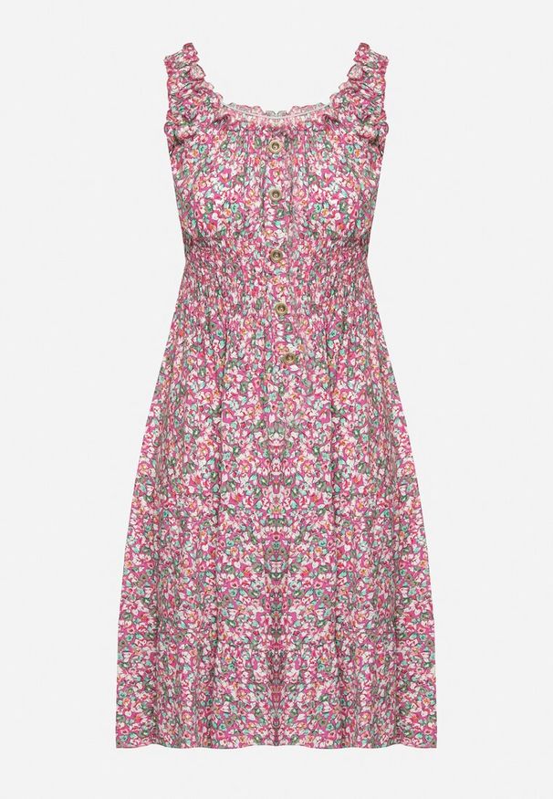 Born2be - Różowa Rozkloszowana Sukienka z Bawełny Wykończona Gumką w Talii Nelaris. Okazja: na randkę, na imprezę. Typ kołnierza: dekolt hiszpanka. Kolor: różowy. Materiał: bawełna. Długość rękawa: na ramiączkach. Styl: boho