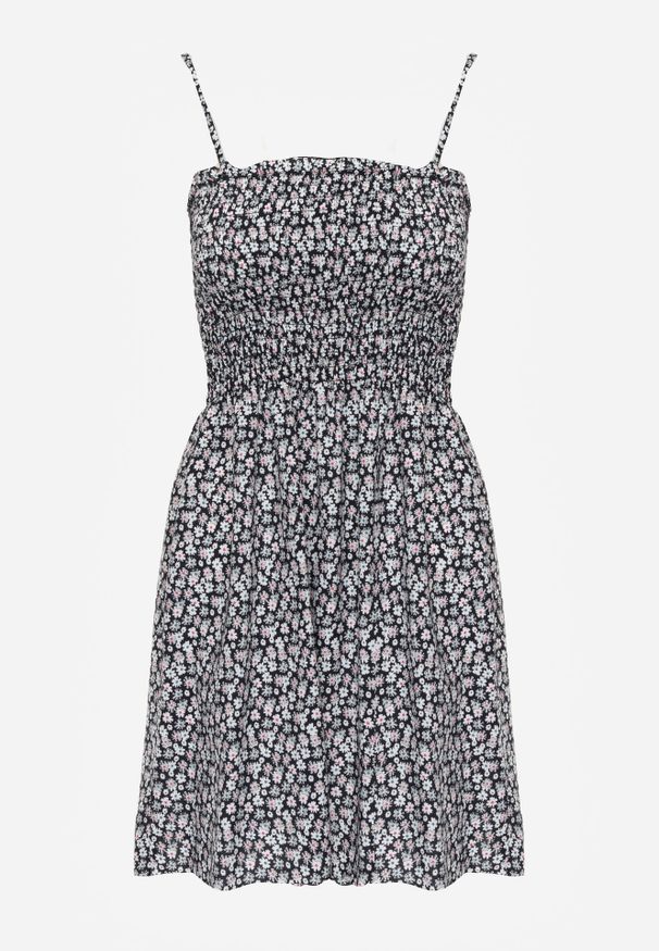 Renee - Czarno-Biała Sukienka z Bawełny na Ramiączkach z Rozkloszowaniem i Marszczoną Górą Risetto. Kolor: czarny. Materiał: bawełna. Długość rękawa: na ramiączkach. Sezon: lato