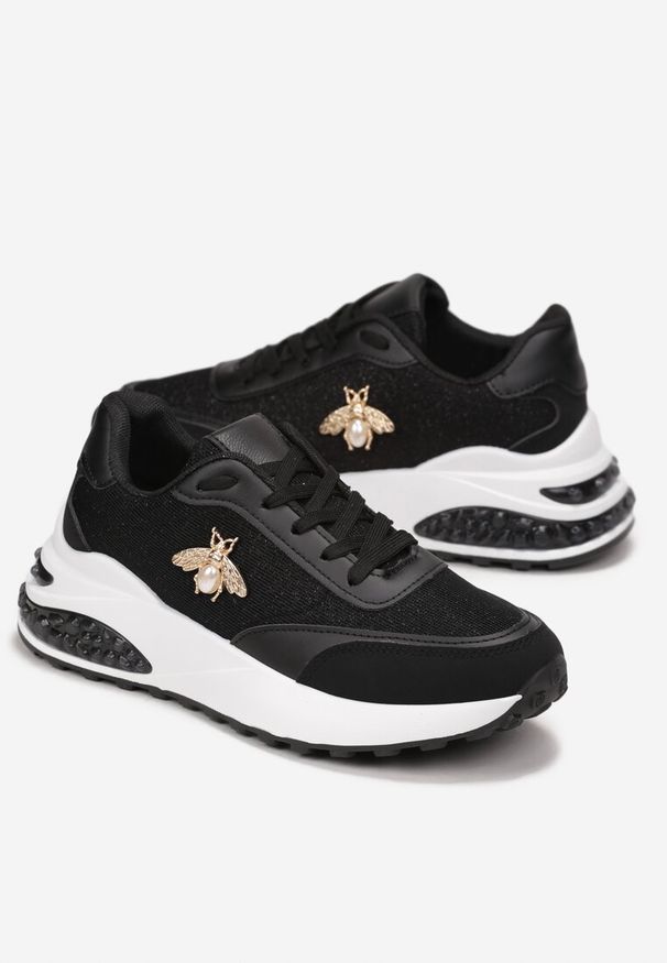 Born2be - Czarne Sneakersy Brokatowe na Grubej Podeszwie Naono. Wysokość cholewki: przed kostkę. Kolor: czarny. Materiał: materiał. Szerokość cholewki: normalna. Wzór: aplikacja. Obcas: na płaskiej podeszwie