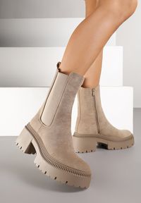 Renee - Ciemnobeżowe Botki Typu Sztyblety na Platformie Fesurela. Okazja: na co dzień. Kolor: beżowy. Materiał: jeans. Obcas: na platformie. Styl: casual #5