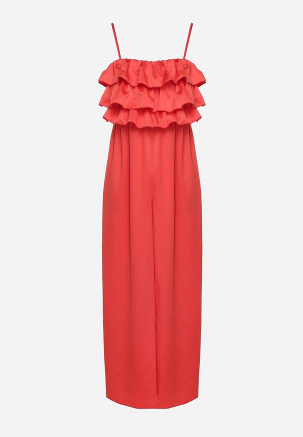 Born2be - Czerwony Kombinezon Koktajlowy na Regulowanych Ramiączkach z Falbankami i Gumką w Pasie Tesvia. Okazja: na co dzień. Kolor: czerwony. Długość rękawa: na ramiączkach. Styl: wizytowy