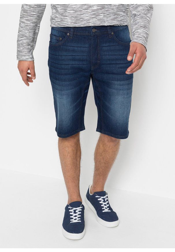 bonprix - Bermudy jeansowe ze stretchem i wzmocnionym krokiem, regular fit. Kolor: niebieski. Styl: elegancki, klasyczny