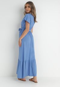 Born2be - Niebieska Sukienka Diomeira. Kolor: niebieski. Materiał: tkanina. Wzór: jednolity, gładki. Typ sukienki: kopertowe. Styl: klasyczny, elegancki. Długość: maxi #5