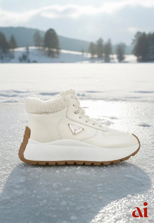 Renee - Beżowe Sneakersy Śniegowce Vices na Platformie Ozdobione Trójkątną Aplikacją Ficebia. Okazja: na co dzień. Kolor: beżowy. Materiał: skóra, jeans. Wzór: aplikacja. Obcas: na platformie