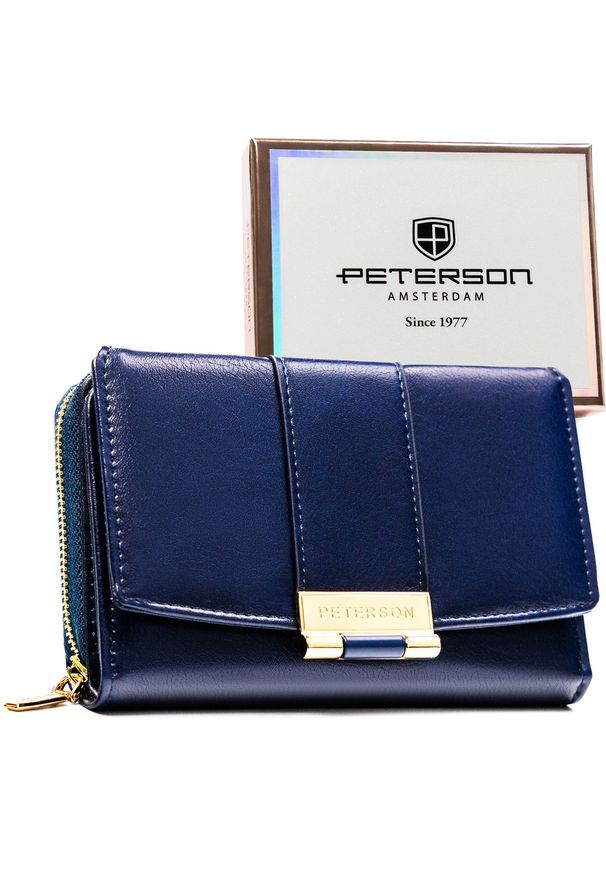 Granatowy, poziomy portfel damski wykonany ze skóry ekologicznej i zamykany na zatrzask - Peterson. Kolor: niebieski. Materiał: skóra ekologiczna. Wzór: gładki