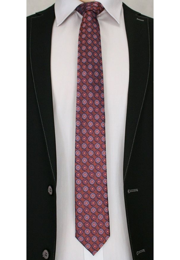 Męski Krawat w Grochy, Kwiatki - 6,7 cm, Chattier, Zgaszony Pomarańcz. Materiał: tkanina. Wzór: grochy. Styl: wizytowy, elegancki