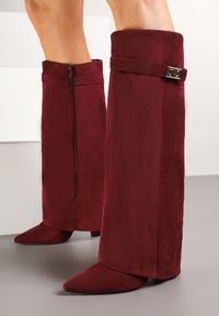 Born2be - Bordowe Kozaki na Słupku z Wywiniętą Cholewką Gafsena. Okazja: na co dzień. Kolor: czerwony. Materiał: jeans. Szerokość cholewki: normalna. Sezon: wiosna, zima, jesień. Obcas: na słupku. Styl: casual. Wysokość obcasa: średni