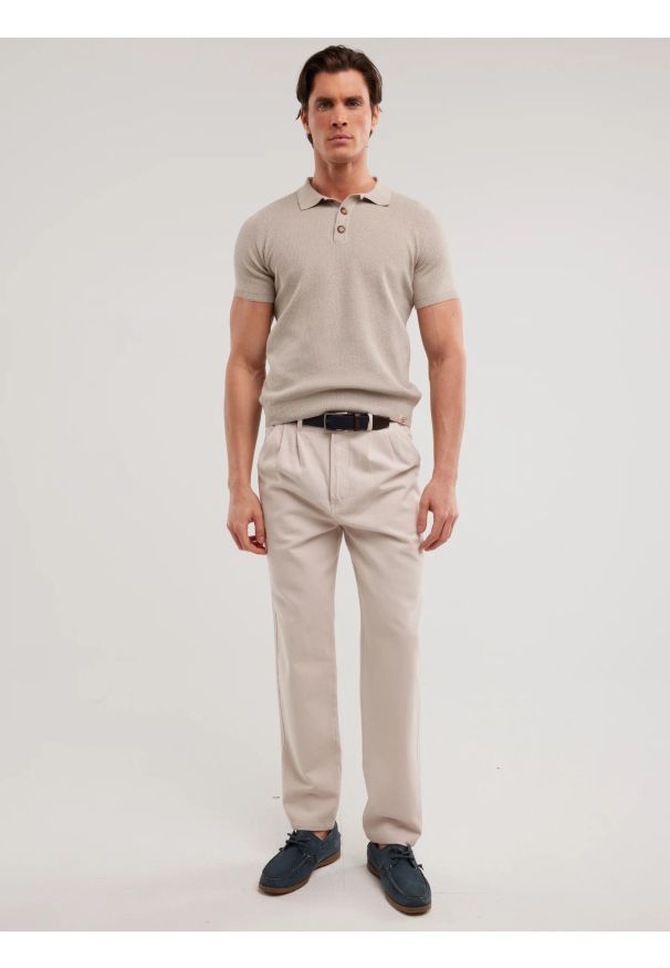 Big-Star - Sweter męski polo z krótkim rękawem beżowy Polonezzo 801. Typ kołnierza: polo. Kolor: beżowy. Materiał: jeans, materiał, dzianina, bawełna. Długość rękawa: krótki rękaw. Długość: krótkie. Wzór: melanż. Styl: elegancki, retro, klasyczny