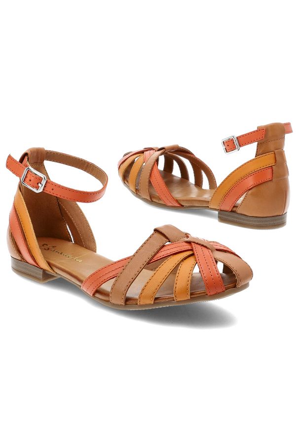 Sandały damskie Maciejka, cholewka ze skóry naturalnej licowej pasek wokół kostki z regulacją na klamrę, pomarańczowe, P7539-18/00-1. Zapięcie: klamry. Kolor: pomarańczowy. Materiał: skóra