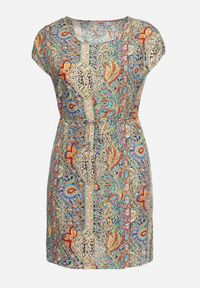 Born2be - Zielono-Beżowa Wiskozowa Sukienka w Stylu Boho o Pudełkowym Kroju z Materiałowym Paskiem Neteri. Okazja: na co dzień. Kolor: zielony. Materiał: materiał, wiskoza. Styl: boho #6